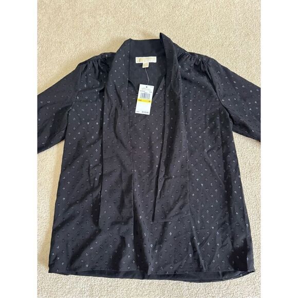 NWT Michael Michael Kors Dark Academia Polka Dot Bow Tie Top Sz M - Picture 1 of 7